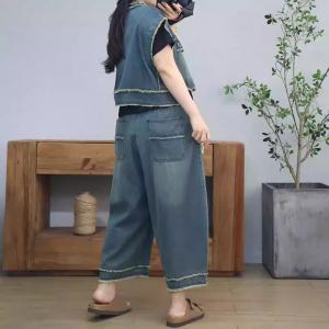 Raw Hem Fringed Short Jacket with High Rise Dad Jeans