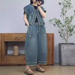 Raw Hem Fringed Short Jacket with High Rise Dad Jeans