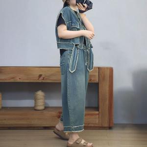 Raw Hem Fringed Short Jacket with High Rise Dad Jeans