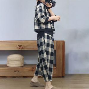 Checkered Cotton Linen T-shirt with Balloon Tapered Pants