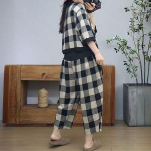 Checkered Cotton Linen T-shirt with Balloon Tapered Pants