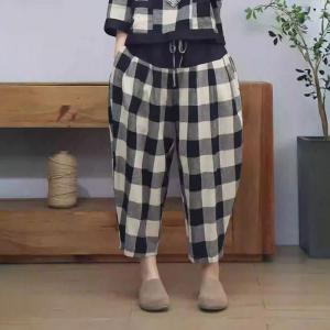 Checkered Cotton Linen T-shirt with Balloon Tapered Pants