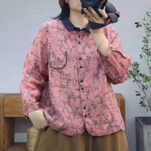 Long Sleeves Polo Neck Floral Ramie Blouse