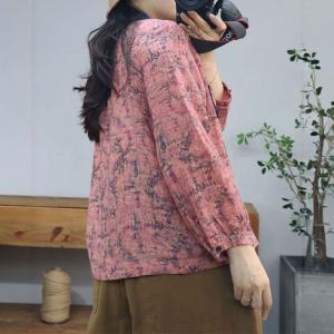 Long Sleeves Polo Neck Floral Ramie Blouse