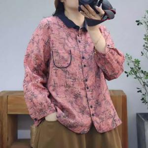 Long Sleeves Polo Neck Floral Ramie Blouse