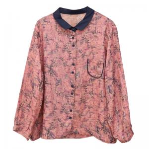Long Sleeves Polo Neck Floral Ramie Blouse
