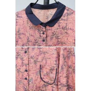 Long Sleeves Polo Neck Floral Ramie Blouse