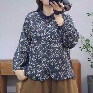 Long Sleeves Polo Neck Floral Ramie Blouse