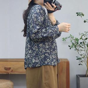 Long Sleeves Polo Neck Floral Ramie Blouse