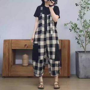 Classic Black Checkers Cotton Linen Summer Overalls