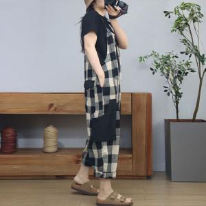 Classic Black Checkers Cotton Linen Summer Overalls