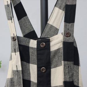 Classic Black Checkers Cotton Linen Summer Overalls