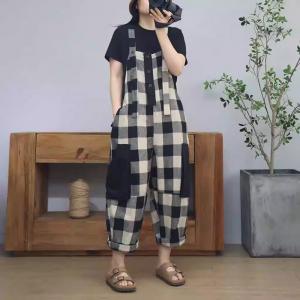 Classic Black Checkers Cotton Linen Summer Overalls