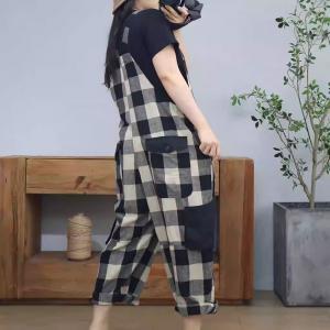 Classic Black Checkers Cotton Linen Summer Overalls