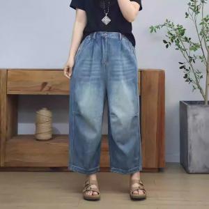 High Waist Stone Wash Pleated Straight Leg Jeans