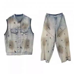 Dirty Wash Vest Jacket with Long Boyfriend Jeans