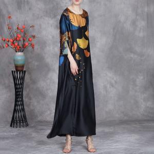 Ginkgo Leaves Frog Buttons Black Silk Dress