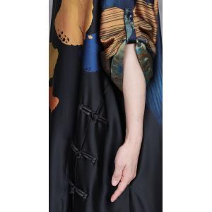 Ginkgo Leaves Frog Buttons Black Silk Dress