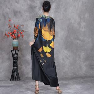 Ginkgo Leaves Frog Buttons Black Silk Dress
