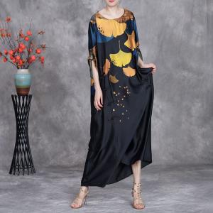 Ginkgo Leaves Frog Buttons Black Silk Dress
