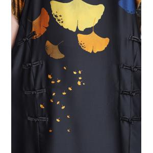 Ginkgo Leaves Frog Buttons Black Silk Dress