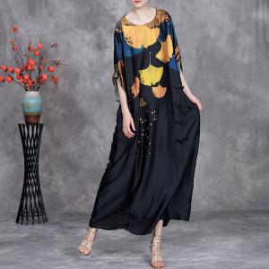 Ginkgo Leaves Frog Buttons Black Silk Dress