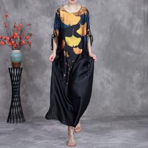 Ginkgo Leaves Frog Buttons Black Silk Dress