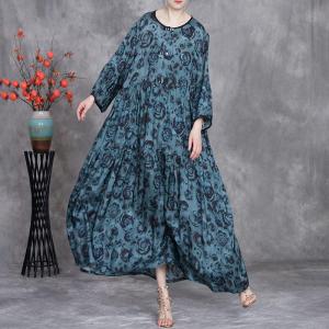 Black Rose Printed Lake Blue Maxi Flowing Dress
