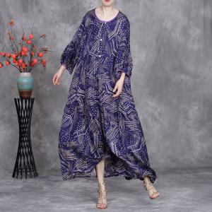 Chinese Buttons Flowing Printed Purple Cocoon Dress