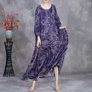 Chinese Buttons Flowing Printed Purple Cocoon Dress