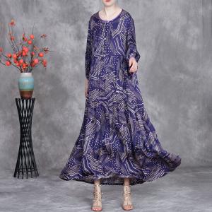 Chinese Buttons Flowing Printed Purple Cocoon Dress