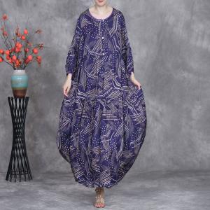 Chinese Buttons Flowing Printed Purple Cocoon Dress