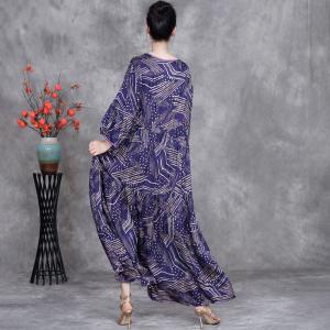 Chinese Buttons Flowing Printed Purple Cocoon Dress