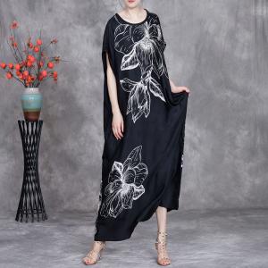 White Huge Flowers Loose Black Silky Resort Dress