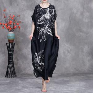 White Huge Flowers Loose Black Silky Resort Dress