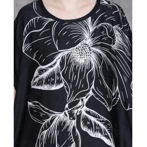 White Huge Flowers Loose Black Silky Resort Dress