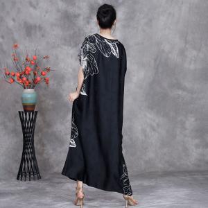 White Huge Flowers Loose Black Silky Resort Dress