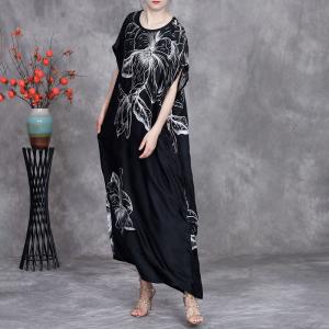 White Huge Flowers Loose Black Silky Resort Dress