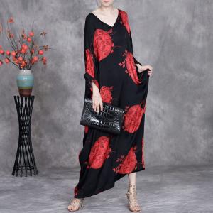 Red Patterns V-Neck Black Maxi Plus Size Dress