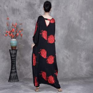 Red Patterns V-Neck Black Maxi Plus Size Dress