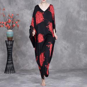 Red Patterns V-Neck Black Maxi Plus Size Dress