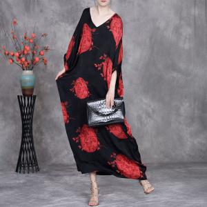 Red Patterns V-Neck Black Maxi Plus Size Dress
