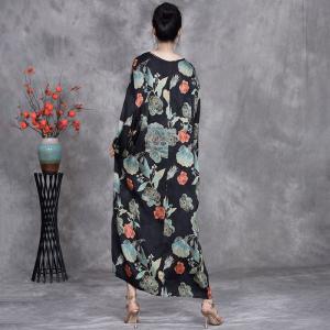 Colorful Peony Flowers Black Loose Over50 Dress