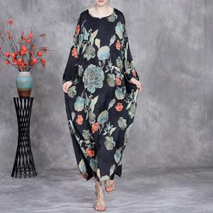 Colorful Peony Flowers Black Loose Over50 Dress