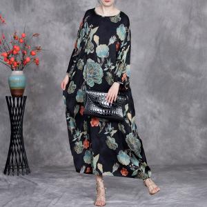 Colorful Peony Flowers Black Loose Over50 Dress