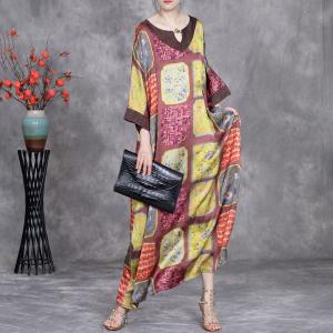 Totem Prints Loose Silky Ethnic Winery Dress
