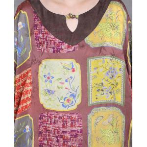 Totem Prints Loose Silky Ethnic Winery Dress