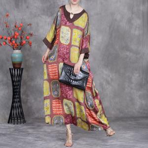 Totem Prints Loose Silky Ethnic Winery Dress