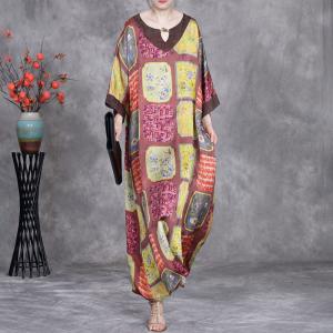 Totem Prints Loose Silky Ethnic Winery Dress