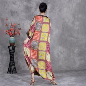 Totem Prints Loose Silky Ethnic Winery Dress